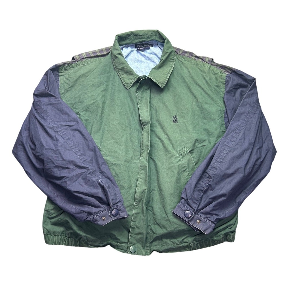 Vintage 90s Nautica Colorblock Plaid Back Bomber Jacket Green Navy Mens XL